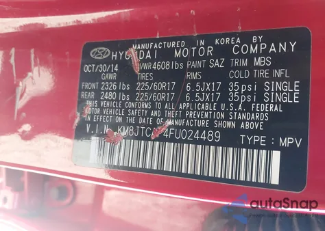 2015 Hyundai Tucson Gls from USA, damaged, VIN KM8JTCAF4FU024489